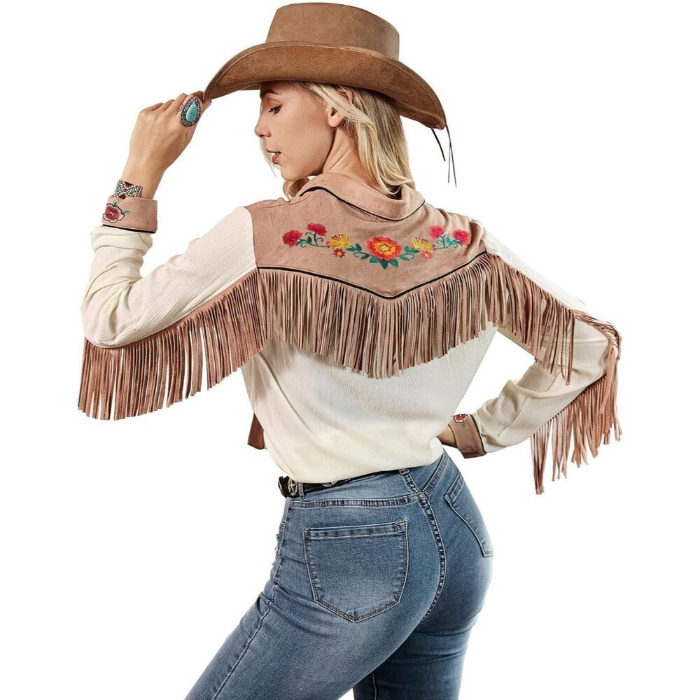 Women's White Fringe Long Sleeve Floral Embroidered Button Down Blouse Shirts - Picture 2 of 5